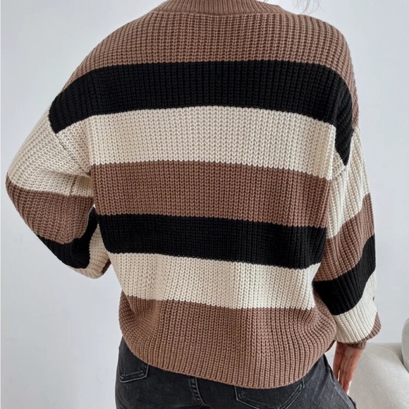 SHEIN Striped Sweater Tan Black Cream Large - Picture 2 of 6